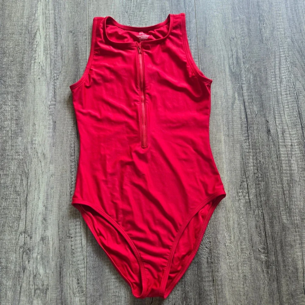 Quince Red High Neck Front Zip One Piece Swimsuit Womens Medium ATG001